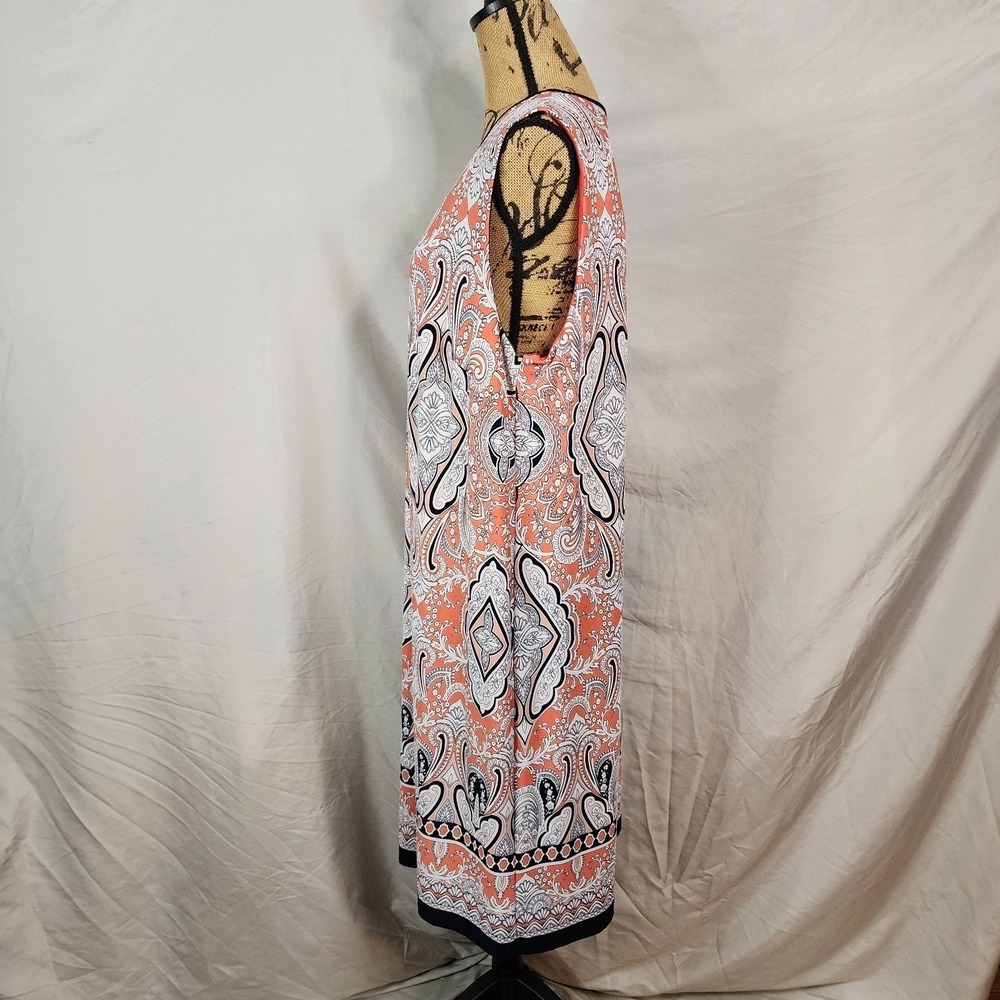 SANDRA DARREN Size 2X Vibrant Coral Navy Boho Chic Paisley Knee Lgth Shift Dress - Picture 4 of 12